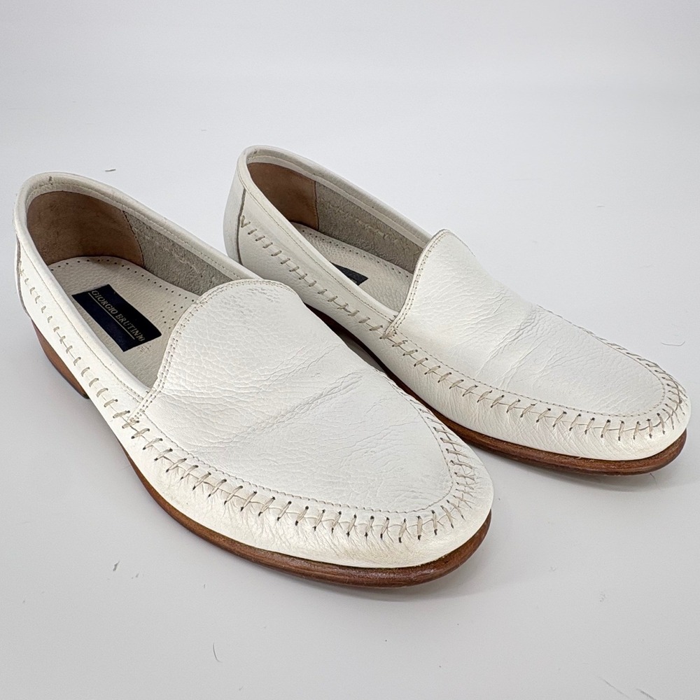 Giorgio Brutini White Leather Slip On Loafers Made in Brazil Whipstitch Mens 10D